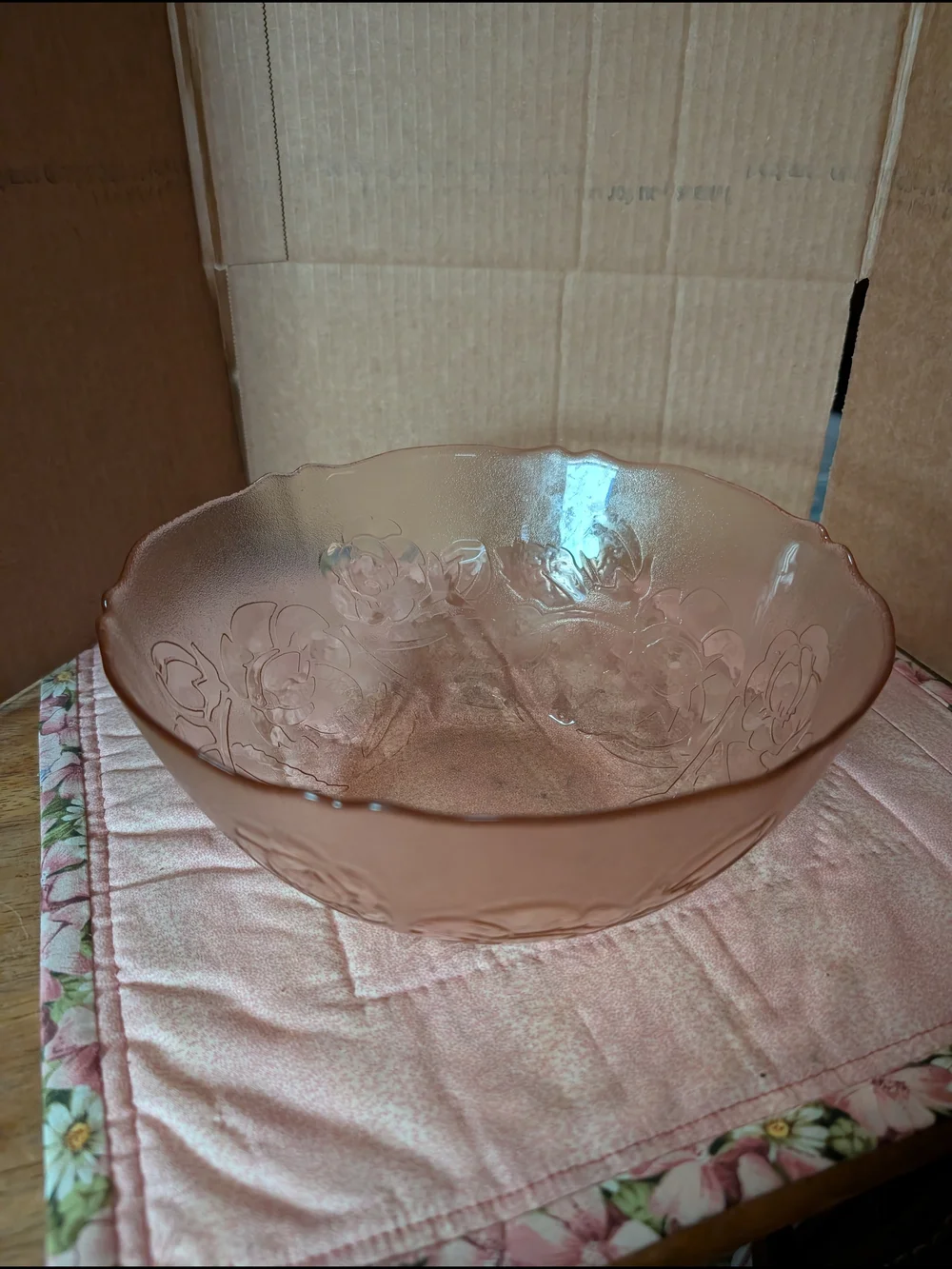 Pink Floral-Embossed Glass Serving Bowl